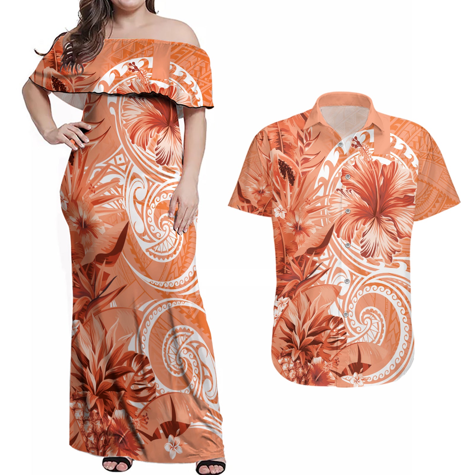 Polynesian Hibiscus Flower Tribal Couples Matching Off Shoulder Maxi Dress and Hawaiian Shirt Peach Color