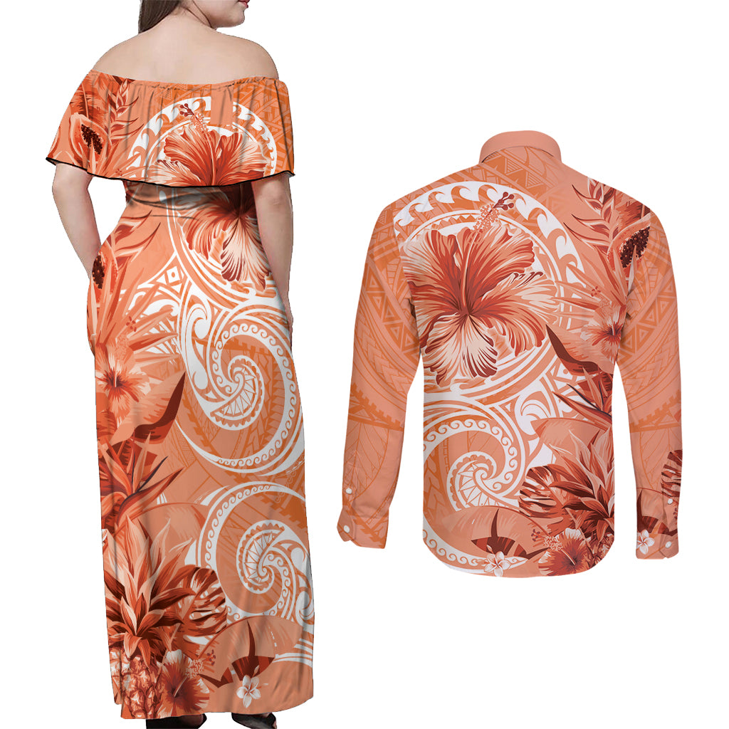Polynesian Hibiscus Flower Tribal Couples Matching Off Shoulder Maxi Dress and Long Sleeve Button Shirt Peach Color