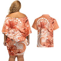 Polynesian Hibiscus Flower Tribal Couples Matching Off Shoulder Short Dress and Hawaiian Shirt Peach Color