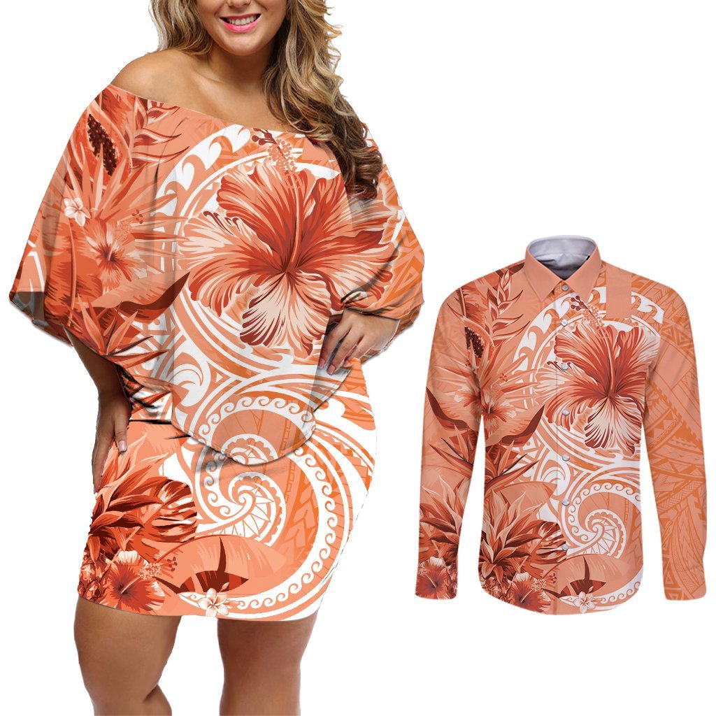 Polynesian Hibiscus Flower Tribal Couples Matching Off Shoulder Short Dress and Long Sleeve Button Shirt Peach Color LT9 Peach - Polynesian Pride