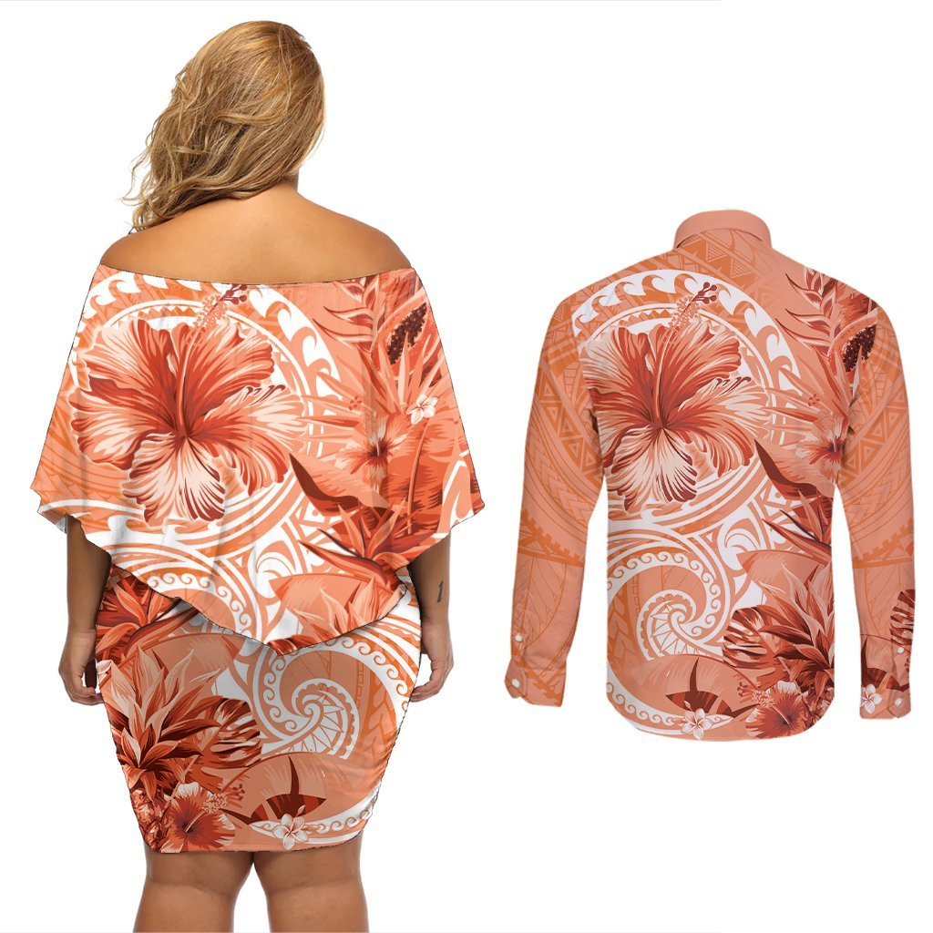 Polynesian Hibiscus Flower Tribal Couples Matching Off Shoulder Short Dress and Long Sleeve Button Shirt Peach Color LT9 - Polynesian Pride