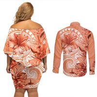 Polynesian Hibiscus Flower Tribal Couples Matching Off Shoulder Short Dress and Long Sleeve Button Shirt Peach Color LT9 - Polynesian Pride