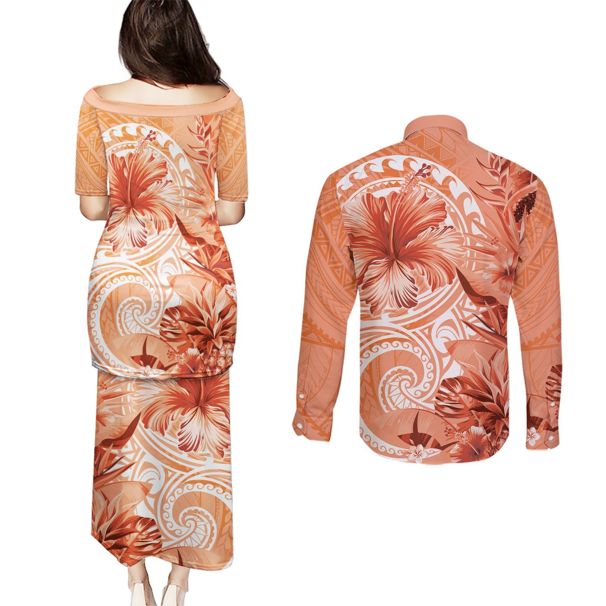 Polynesian Hibiscus Flower Tribal Couples Matching Puletasi and Long Sleeve Button Shirt Peach Color