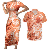 Polynesian Hibiscus Flower Tribal Couples Matching Short Sleeve Bodycon Dress and Hawaiian Shirt Peach Color LT9 Peach - Polynesian Pride