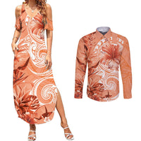 Polynesian Hibiscus Flower Tribal Couples Matching Summer Maxi Dress and Long Sleeve Button Shirt Peach Color