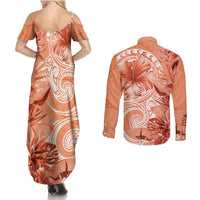 Polynesian Hibiscus Flower Tribal Couples Matching Summer Maxi Dress and Long Sleeve Button Shirt Peach Color