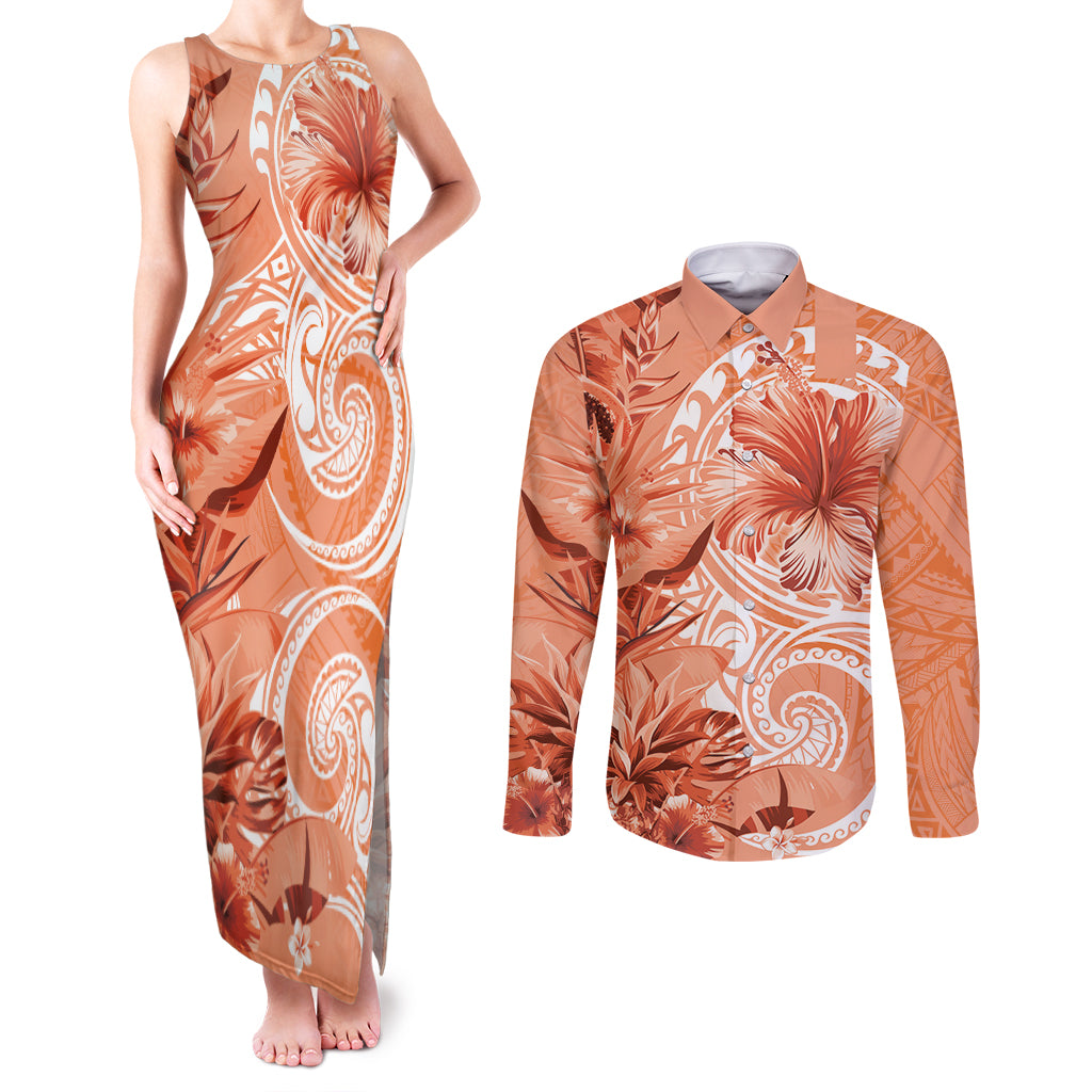 Polynesian Hibiscus Flower Tribal Couples Matching Tank Maxi Dress and Long Sleeve Button Shirt Peach Color LT9 Peach - Polynesian Pride
