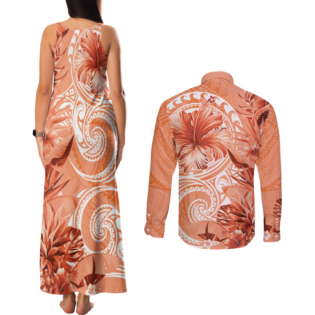 Polynesian Hibiscus Flower Tribal Couples Matching Tank Maxi Dress and Long Sleeve Button Shirt Peach Color LT9 - Polynesian Pride