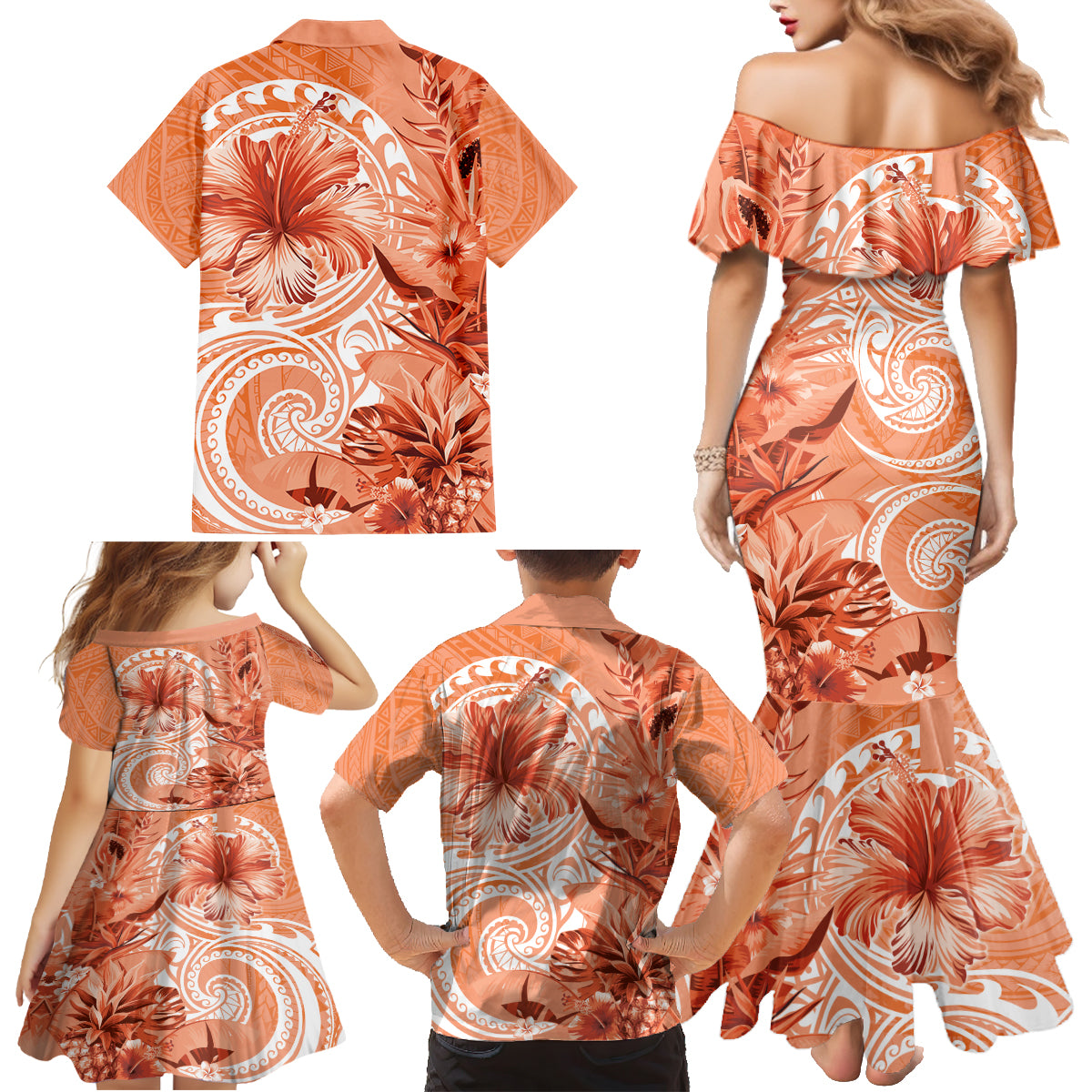 Polynesian Hibiscus Flower Tribal Family Matching Mermaid Dress and Hawaiian Shirt Peach Color