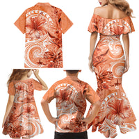 Polynesian Hibiscus Flower Tribal Family Matching Mermaid Dress and Hawaiian Shirt Peach Color