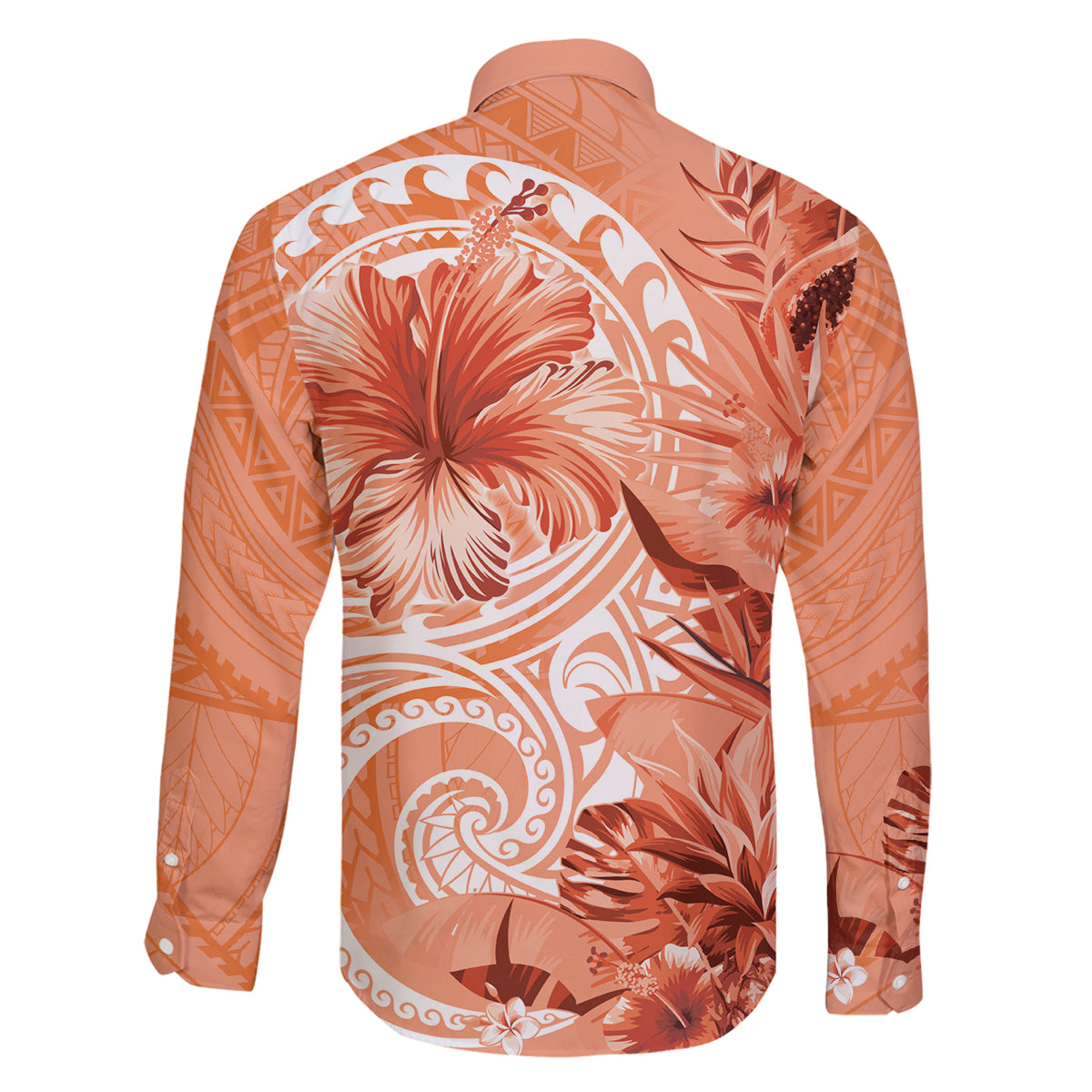 Polynesian Hibiscus Flower Tribal Family Matching Off Shoulder Short Dress and Hawaiian Shirt Peach Color