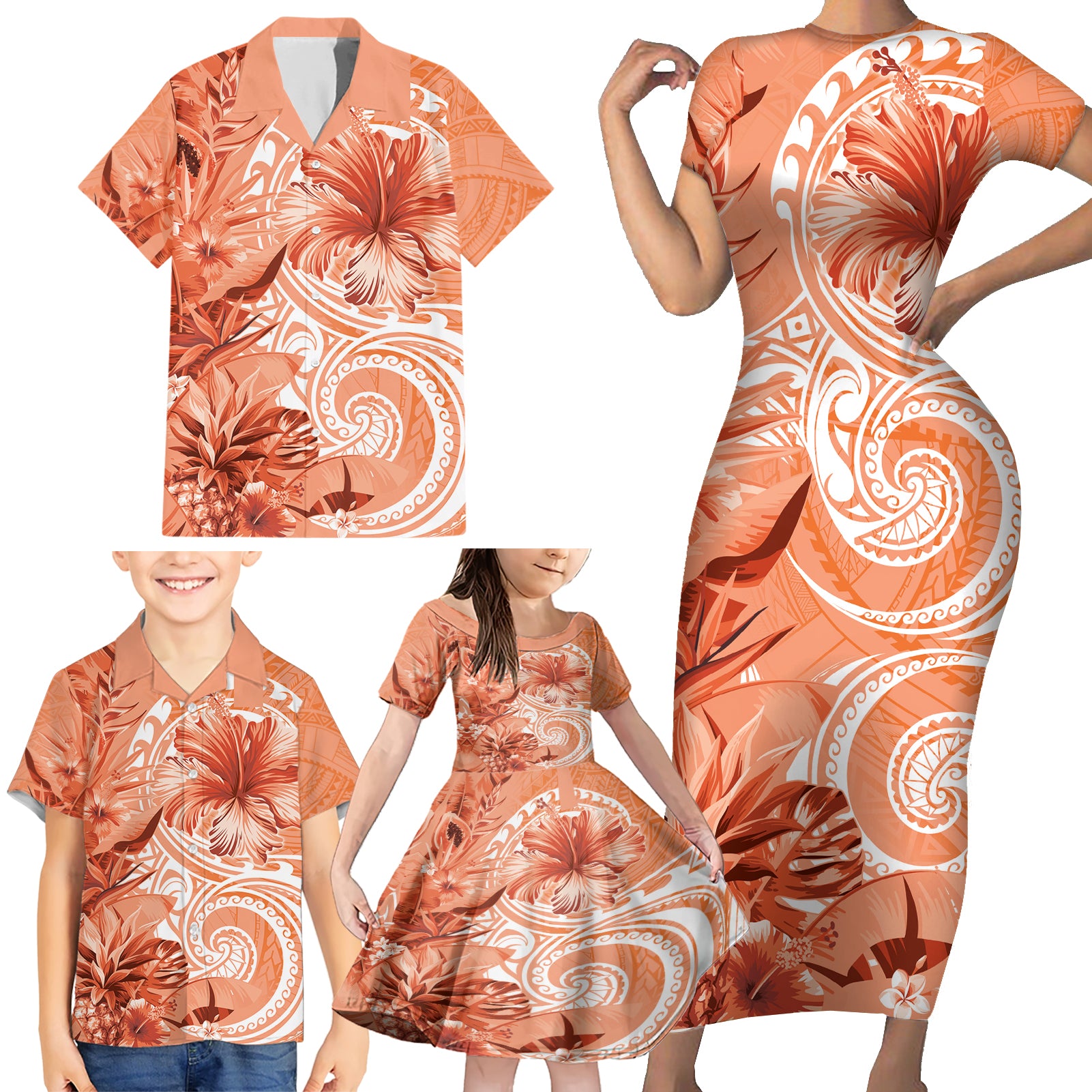 Polynesian Hibiscus Flower Tribal Family Matching Short Sleeve Bodycon Dress and Hawaiian Shirt Peach Color
