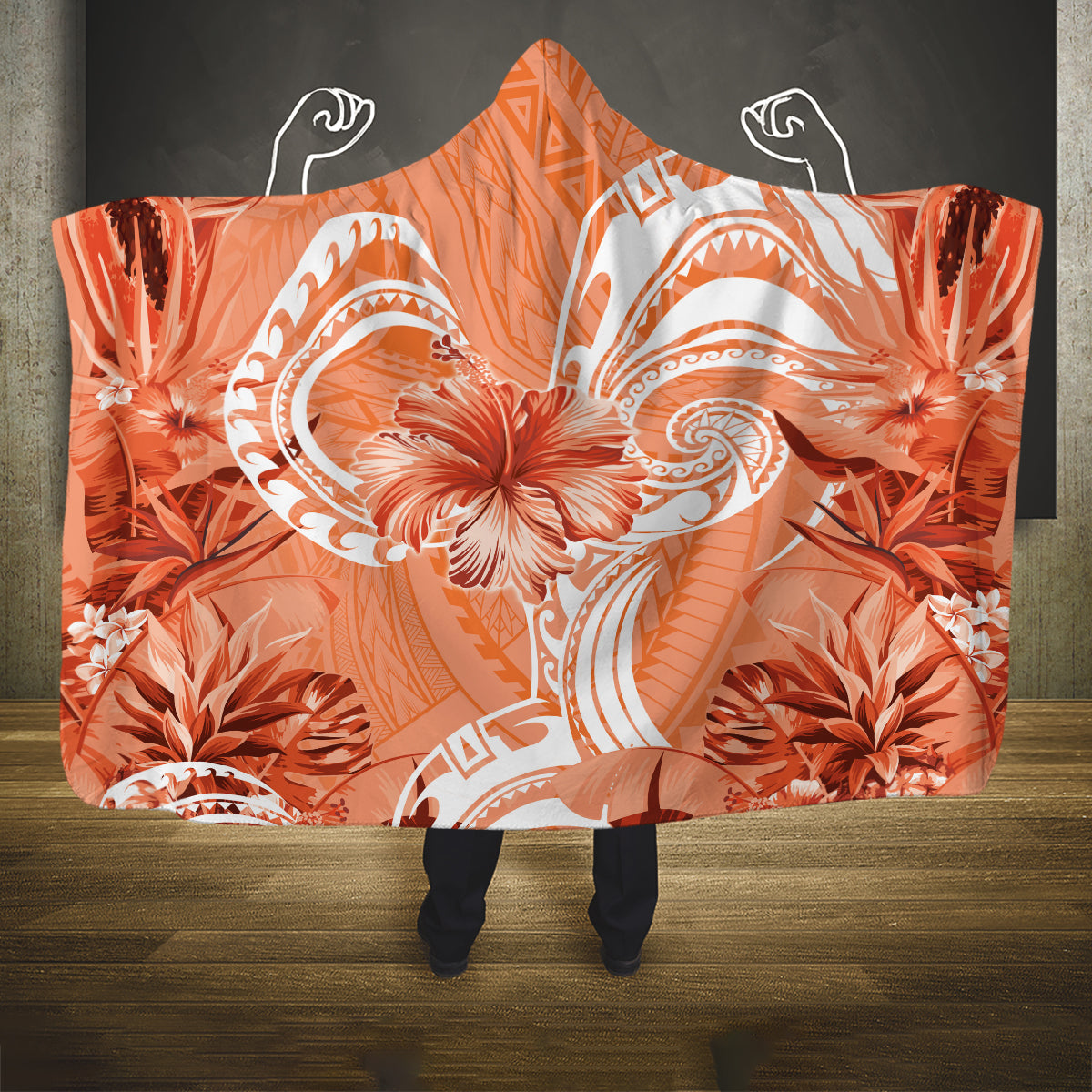 Polynesian Hibiscus Flower Tribal Hooded Blanket Peach Color