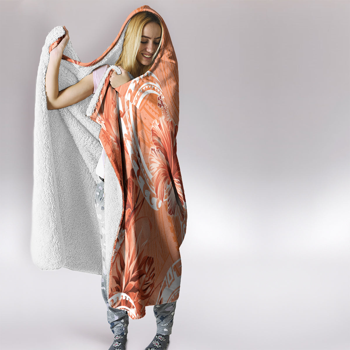 Polynesian Hibiscus Flower Tribal Hooded Blanket Peach Color
