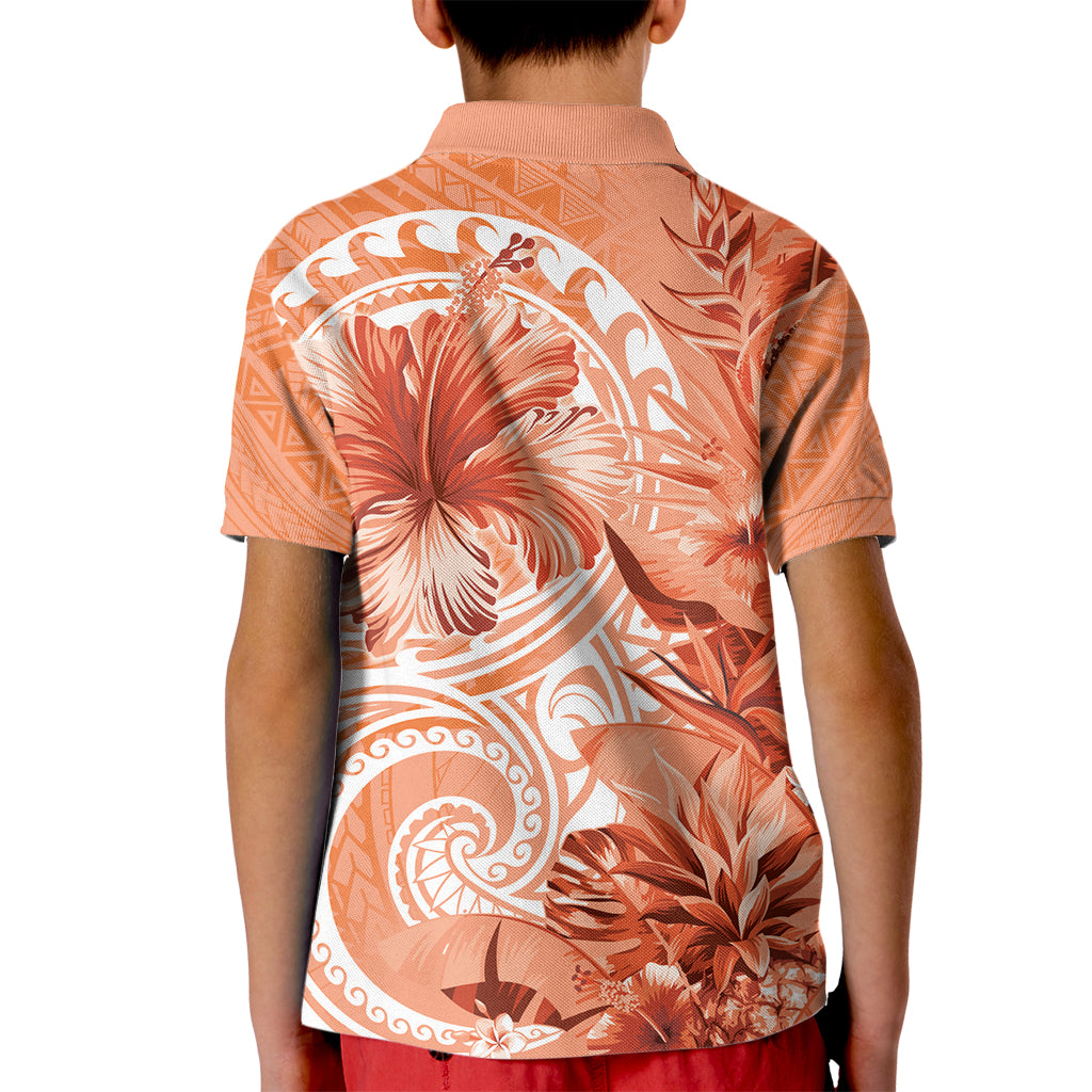 Polynesian Hibiscus Flower Tribal Kid Polo Shirt Peach Color