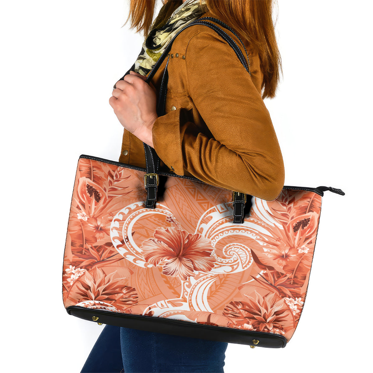 Polynesian Hibiscus Flower Tribal Leather Tote Bag Peach Color