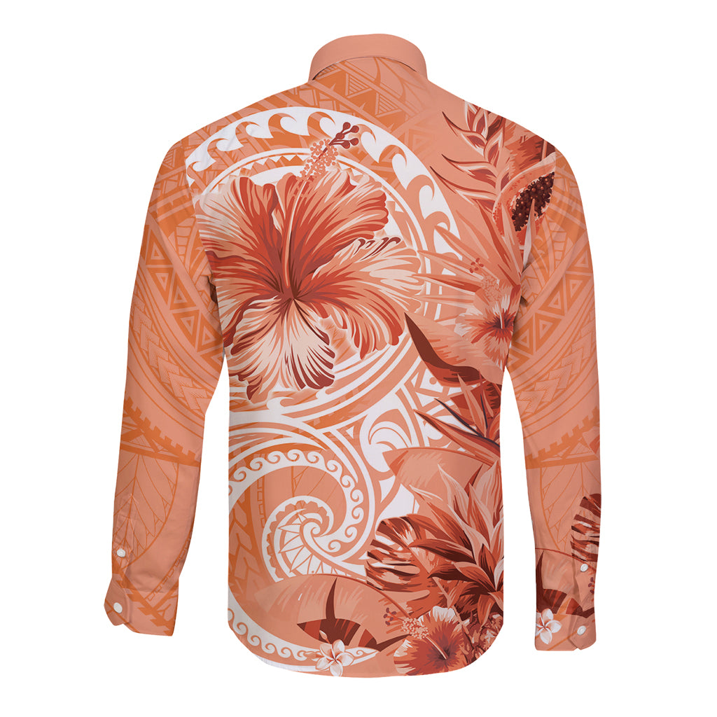 Polynesian Hibiscus Flower Tribal Long Sleeve Button Shirt Peach Color