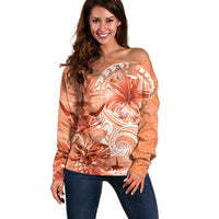 Polynesian Hibiscus Flower Tribal Off Shoulder Sweater Peach Color