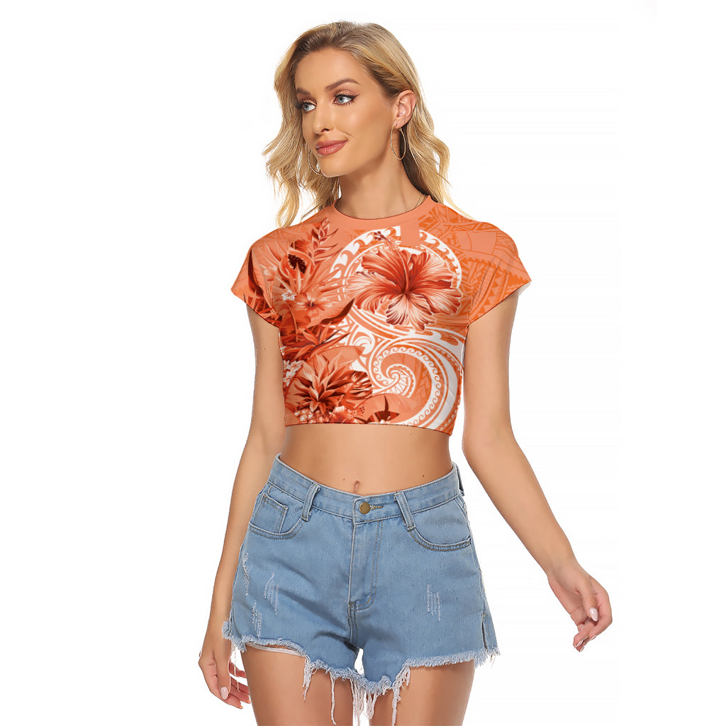 Polynesian Hibiscus Flower Tribal Raglan Cropped T Shirt Peach Color