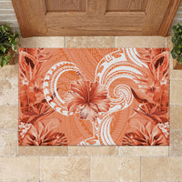Polynesian Hibiscus Flower Tribal Rubber Doormat Peach Color