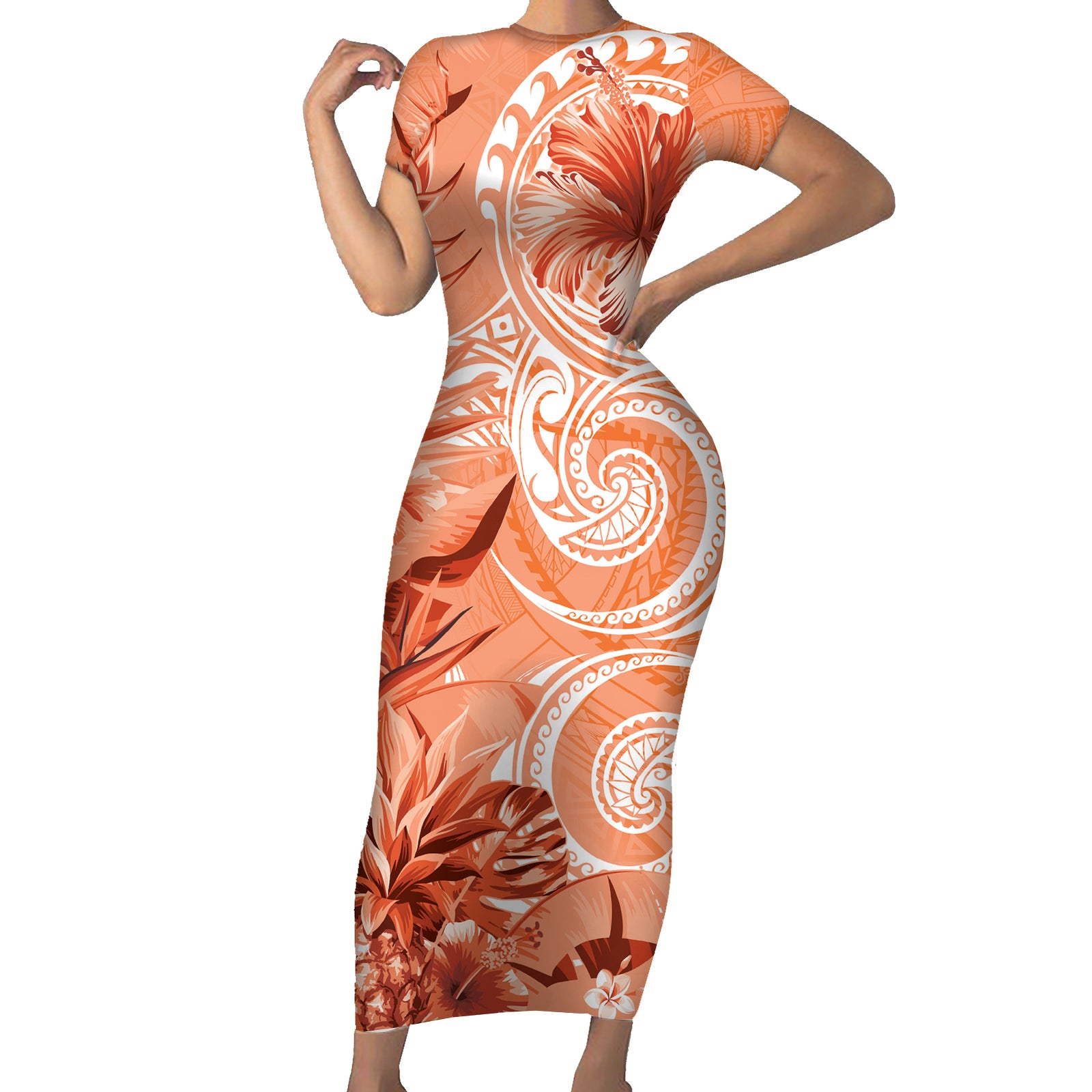 Polynesian Hibiscus Flower Tribal Short Sleeve Bodycon Dress Peach Color LT9 Long Dress Peach - Polynesian Pride