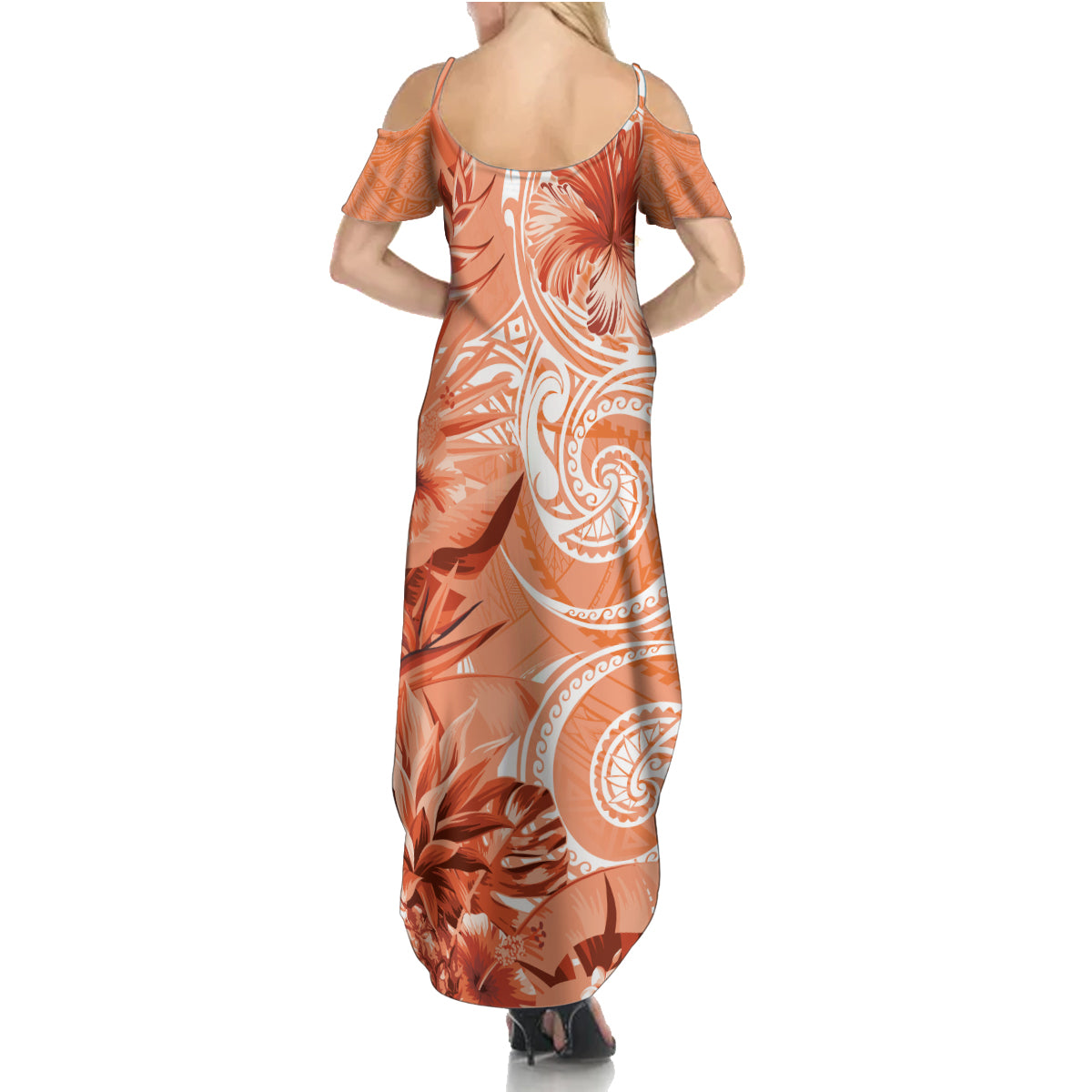 Polynesian Hibiscus Flower Tribal Summer Maxi Dress Peach Color