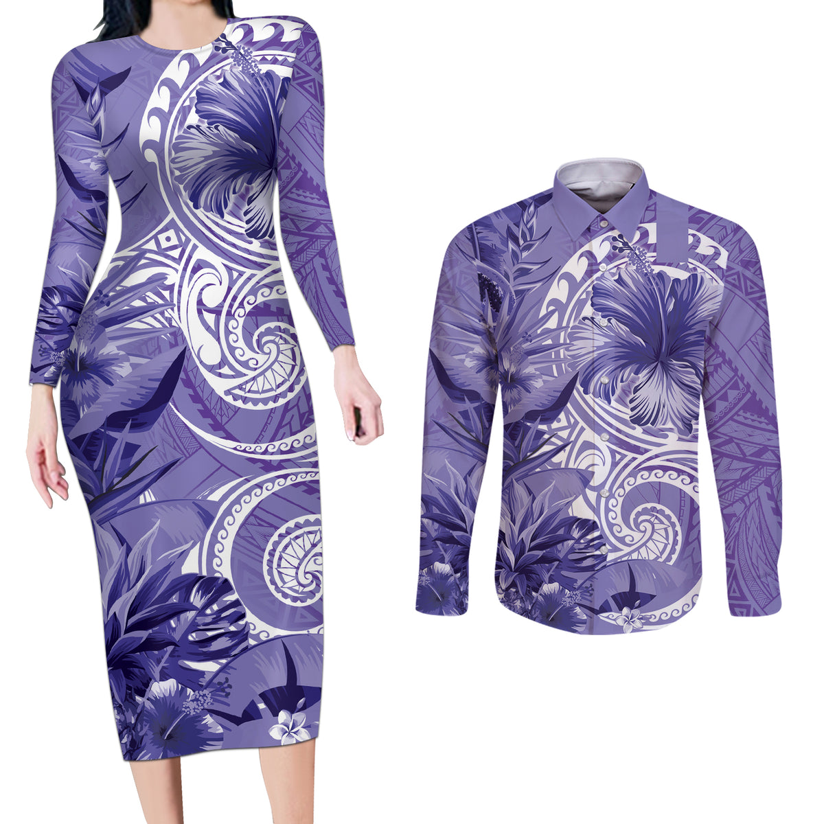 Polynesian Hibiscus Flower Tribal Couples Matching Long Sleeve Bodycon Dress and Long Sleeve Button Shirt Violet Color