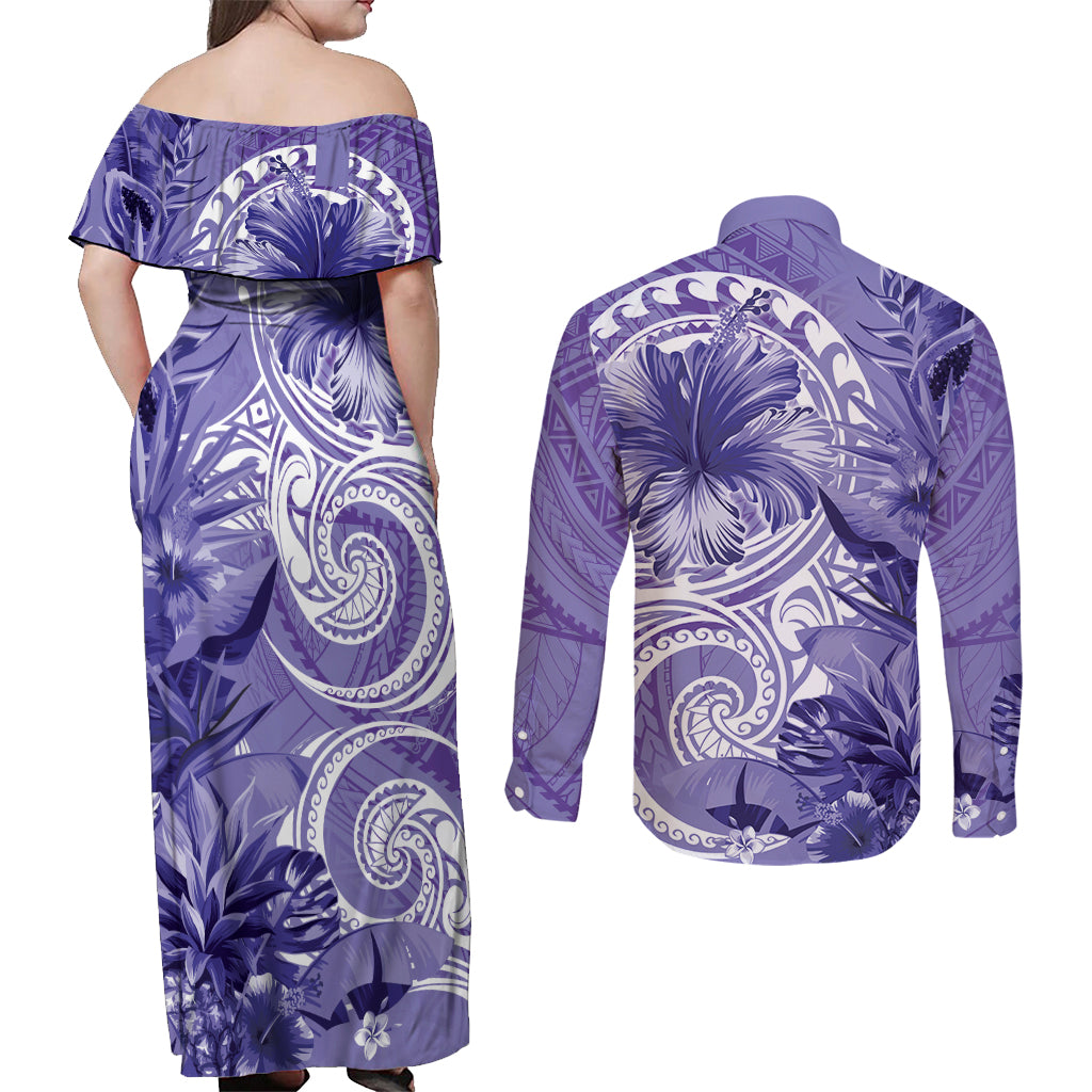 Polynesian Hibiscus Flower Tribal Couples Matching Off Shoulder Maxi Dress and Long Sleeve Button Shirt Violet Color