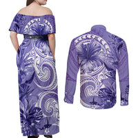 Polynesian Hibiscus Flower Tribal Couples Matching Off Shoulder Maxi Dress and Long Sleeve Button Shirt Violet Color