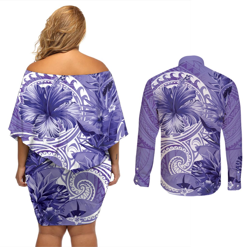 Polynesian Hibiscus Flower Tribal Couples Matching Off Shoulder Short Dress and Long Sleeve Button Shirt Violet Color