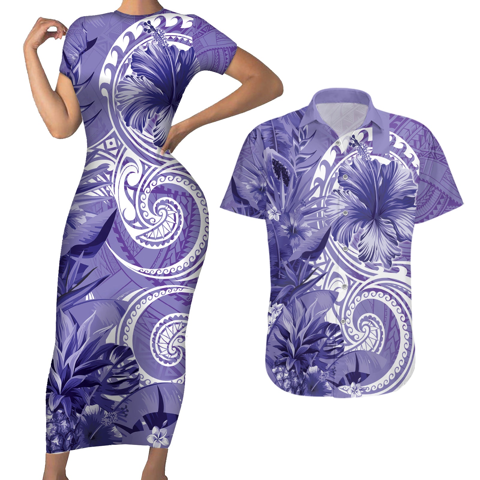 Polynesian Hibiscus Flower Tribal Couples Matching Short Sleeve Bodycon Dress and Hawaiian Shirt Violet Color