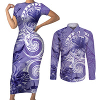 Polynesian Hibiscus Flower Tribal Couples Matching Short Sleeve Bodycon Dress and Long Sleeve Button Shirt Violet Color