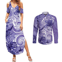Polynesian Hibiscus Flower Tribal Couples Matching Summer Maxi Dress and Long Sleeve Button Shirt Violet Color LT9 Violet - Polynesian Pride