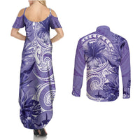 Polynesian Hibiscus Flower Tribal Couples Matching Summer Maxi Dress and Long Sleeve Button Shirt Violet Color LT9 - Polynesian Pride