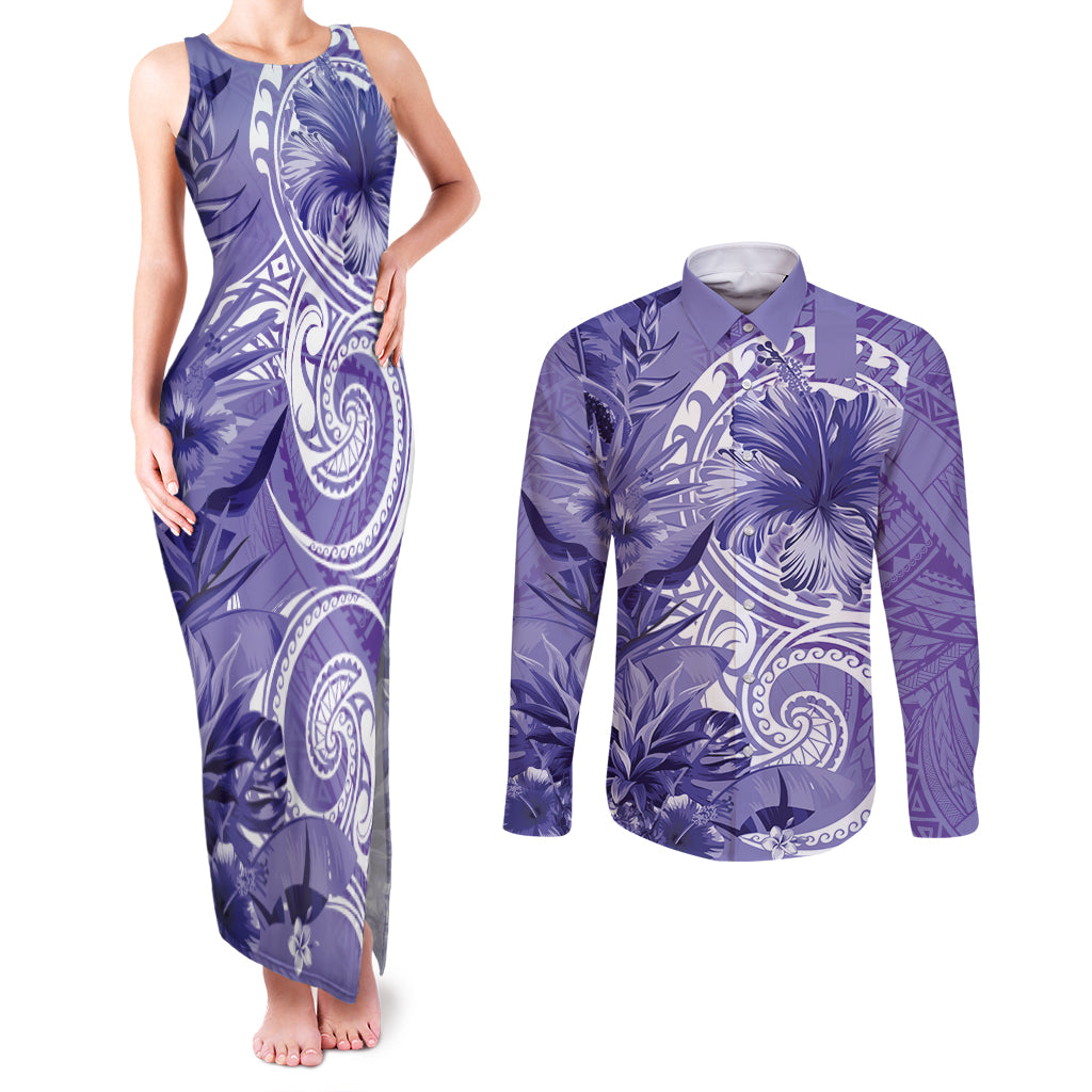 Polynesian Hibiscus Flower Tribal Couples Matching Tank Maxi Dress and Long Sleeve Button Shirt Violet Color