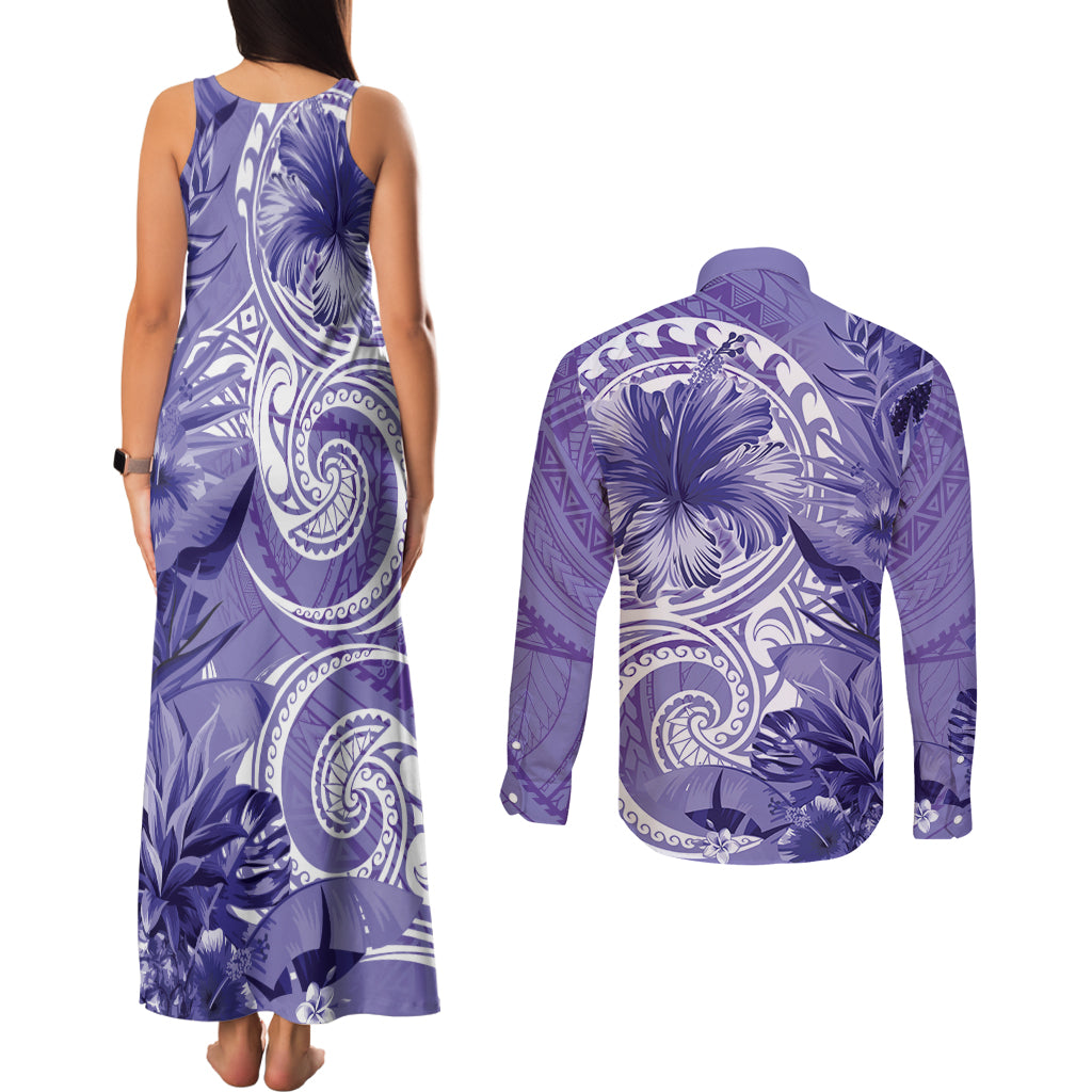 Polynesian Hibiscus Flower Tribal Couples Matching Tank Maxi Dress and Long Sleeve Button Shirt Violet Color