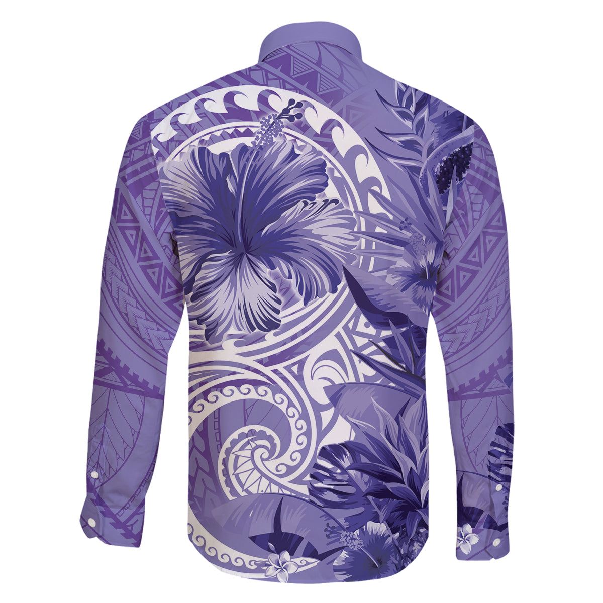 Polynesian Hibiscus Flower Tribal Family Matching Long Sleeve Bodycon Dress and Hawaiian Shirt Violet Color