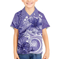 Polynesian Hibiscus Flower Tribal Family Matching Long Sleeve Bodycon Dress and Hawaiian Shirt Violet Color