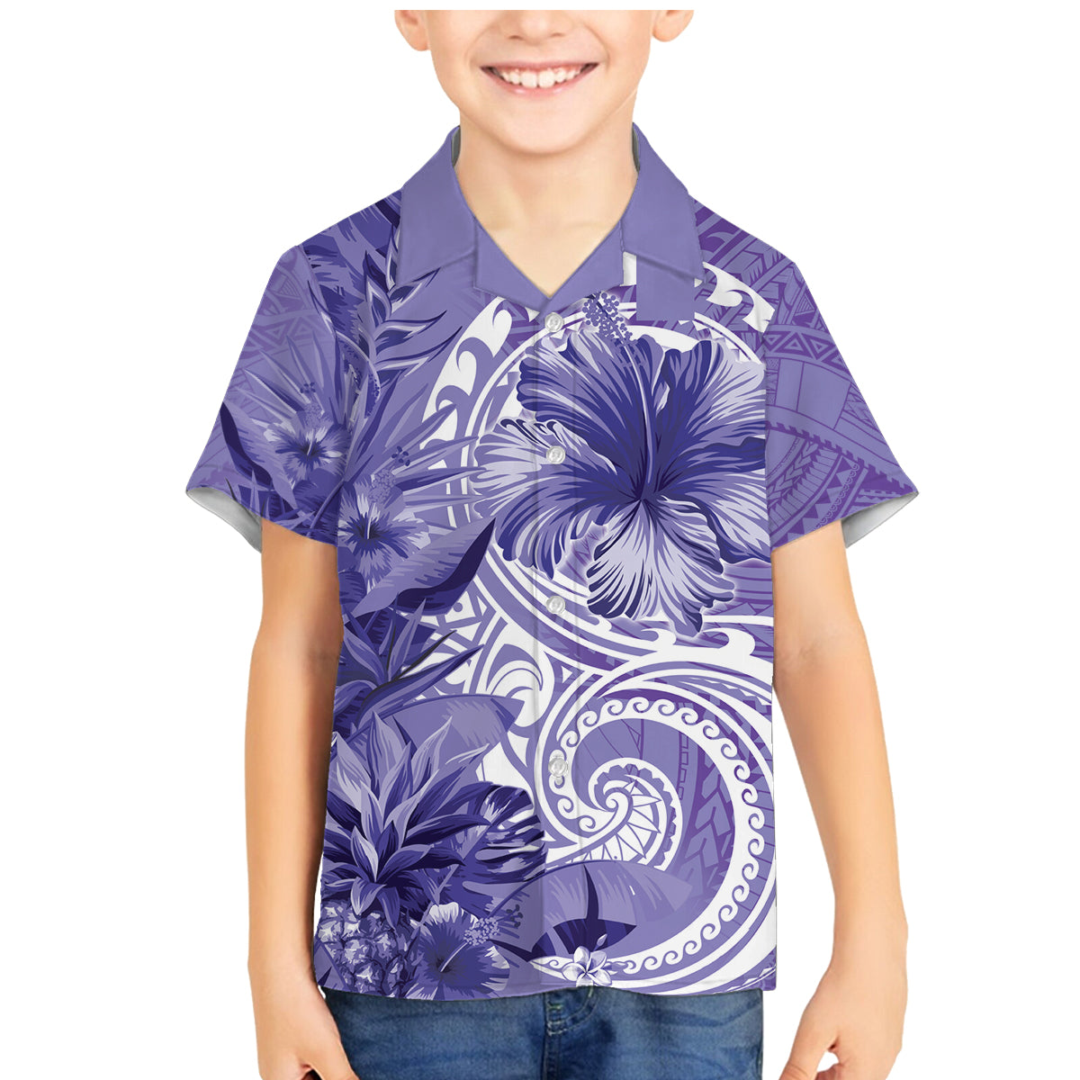 Polynesian Hibiscus Flower Tribal Family Matching Mermaid Dress and Hawaiian Shirt Violet Color