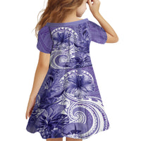 Polynesian Hibiscus Flower Tribal Family Matching Short Sleeve Bodycon Dress and Hawaiian Shirt Violet Color