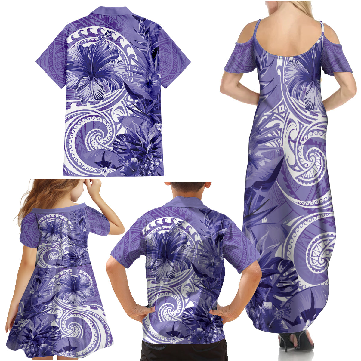 Polynesian Hibiscus Flower Tribal Family Matching Summer Maxi Dress and Hawaiian Shirt Violet Color