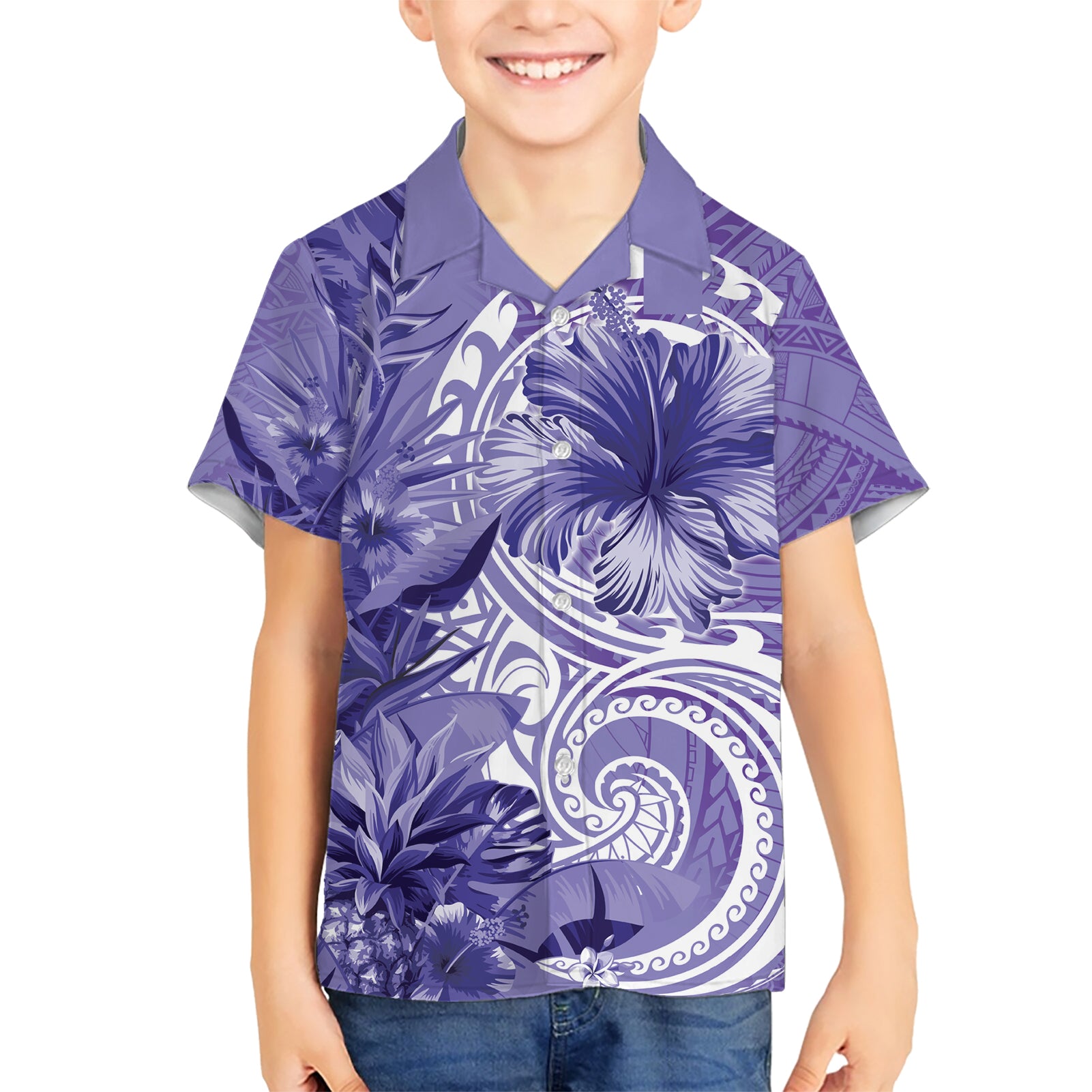 Polynesian Hibiscus Flower Tribal Kid Hawaiian Shirt Violet Color
