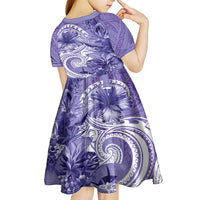 Polynesian Hibiscus Flower Tribal Kid Short Sleeve Dress Violet Color