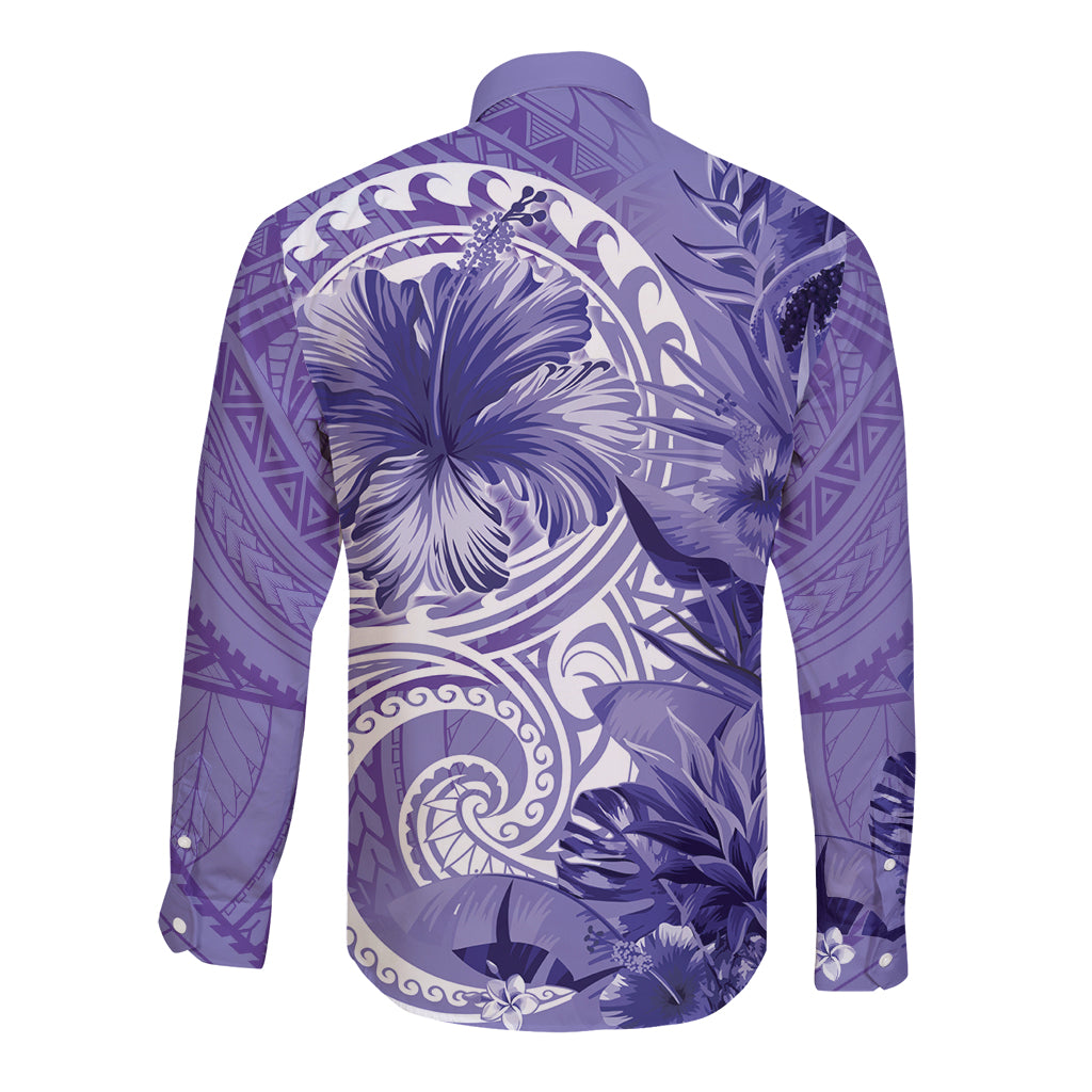 Polynesian Hibiscus Flower Tribal Long Sleeve Button Shirt Violet Color
