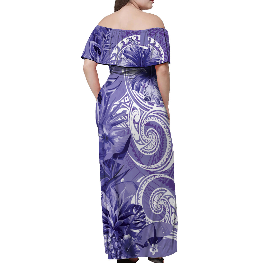 Polynesian Hibiscus Flower Tribal Off Shoulder Maxi Dress Violet Color