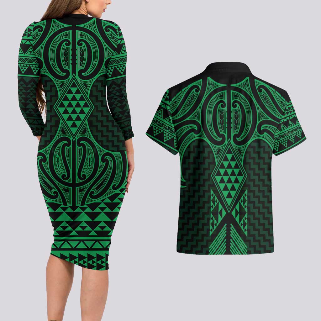 Kakariki Maori Ta Moko Poutama Art Couples Matching Long Sleeve Bodycon Dress and Hawaiian Shirt LT9 - Polynesian Pride