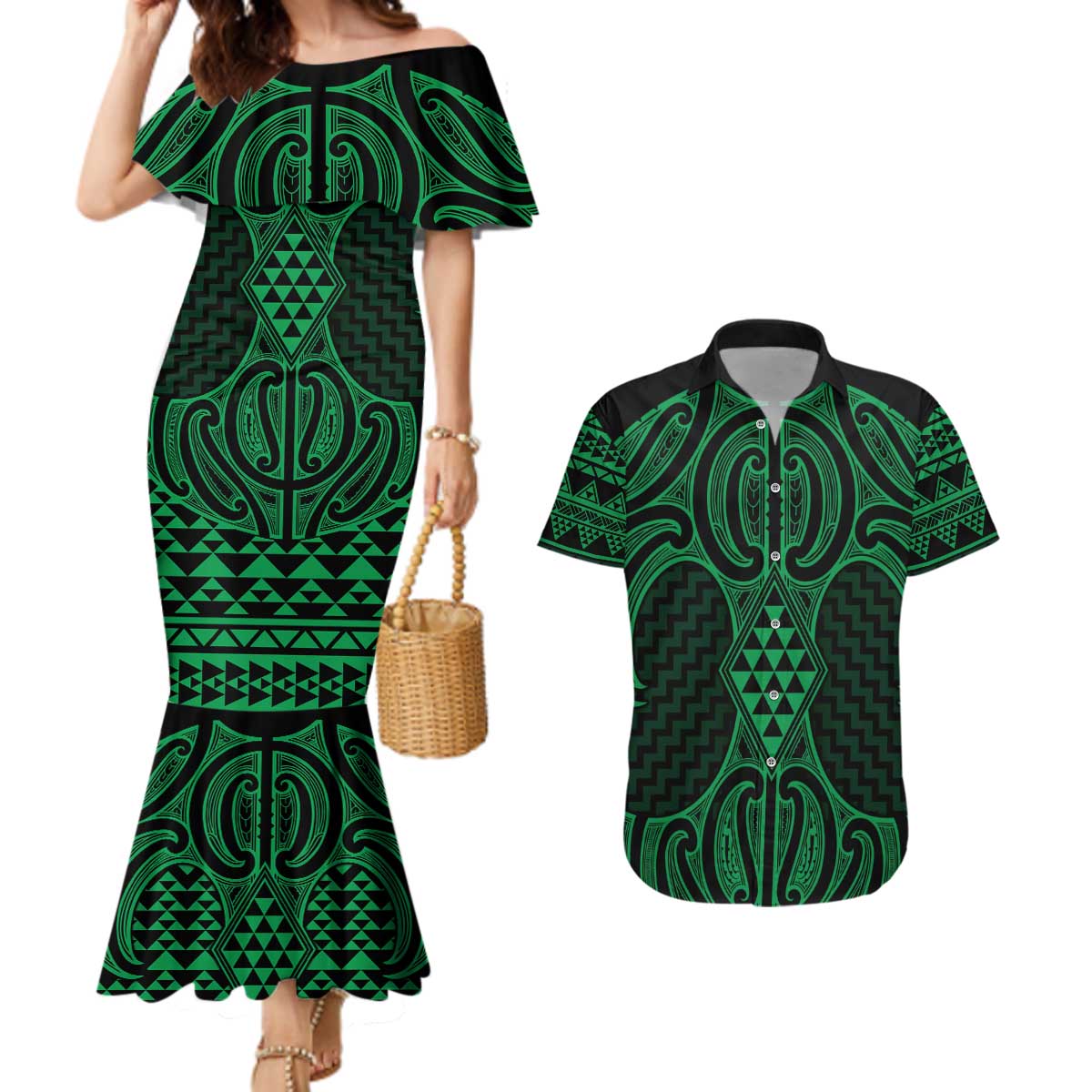 Kakariki Maori Ta Moko Poutama Art Couples Matching Mermaid Dress and Hawaiian Shirt LT9 Green - Polynesian Pride