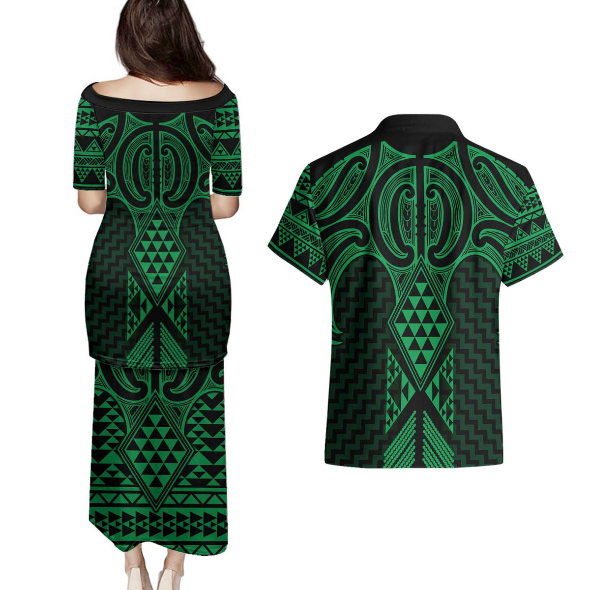 Kakariki Maori Ta Moko Poutama Art Couples Matching Puletasi and Hawaiian Shirt LT9 - Polynesian Pride