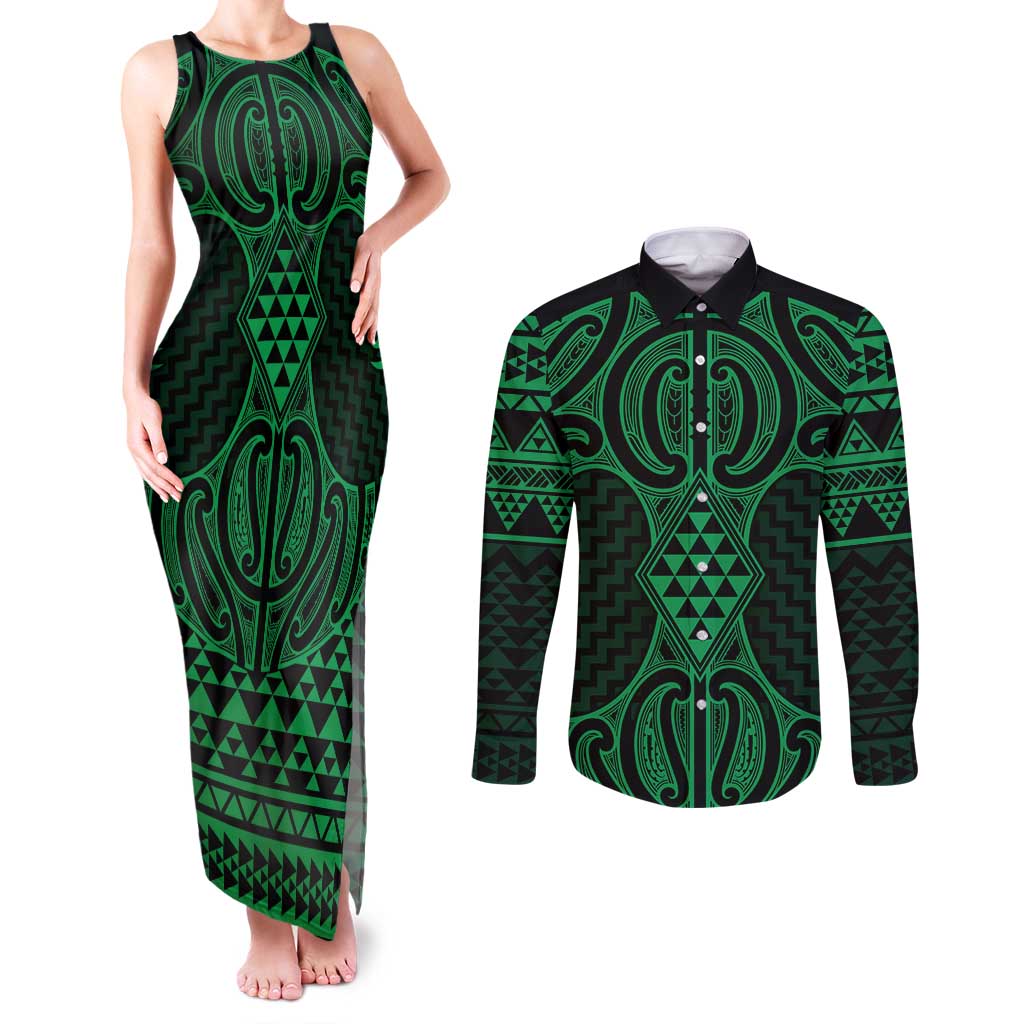 Kakariki Maori Ta Moko Poutama Art Couples Matching Tank Maxi Dress and Long Sleeve Button Shirt LT9 Green - Polynesian Pride