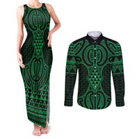 Kakariki Maori Ta Moko Poutama Art Couples Matching Tank Maxi Dress and Long Sleeve Button Shirt LT9 Green - Polynesian Pride